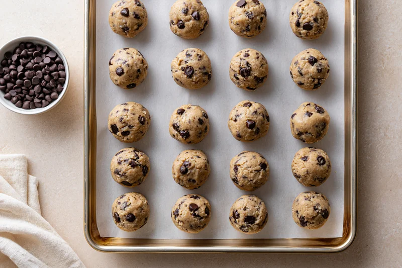 Chocolate chip cookie dough balls arranged in grid on parchment-lined baking tray with bowl of chocolate chips nearby