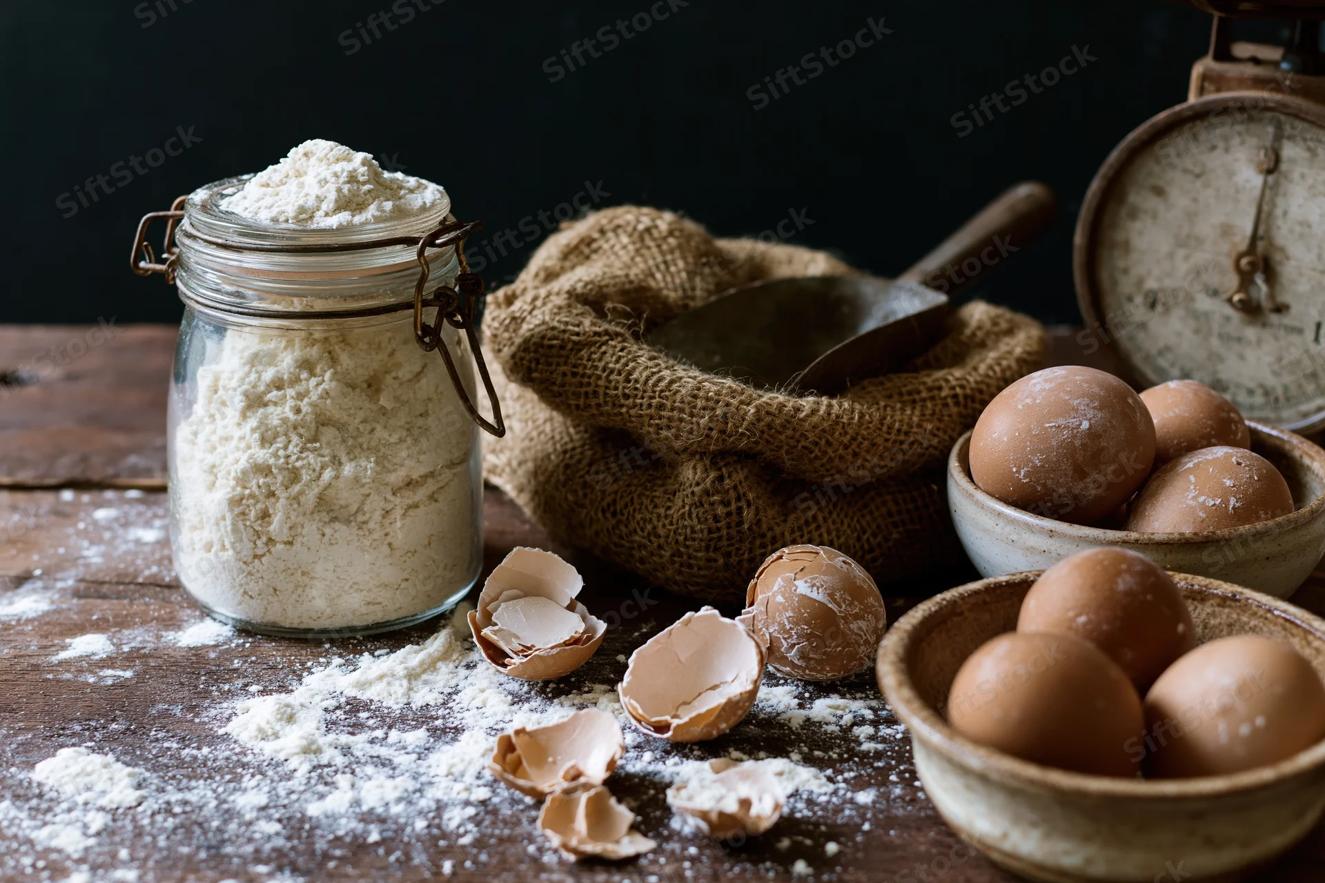 Flour in a glass jar and eggs in ceramic bowls on a wooden table with scattered eggshells and a vintage scale nearby