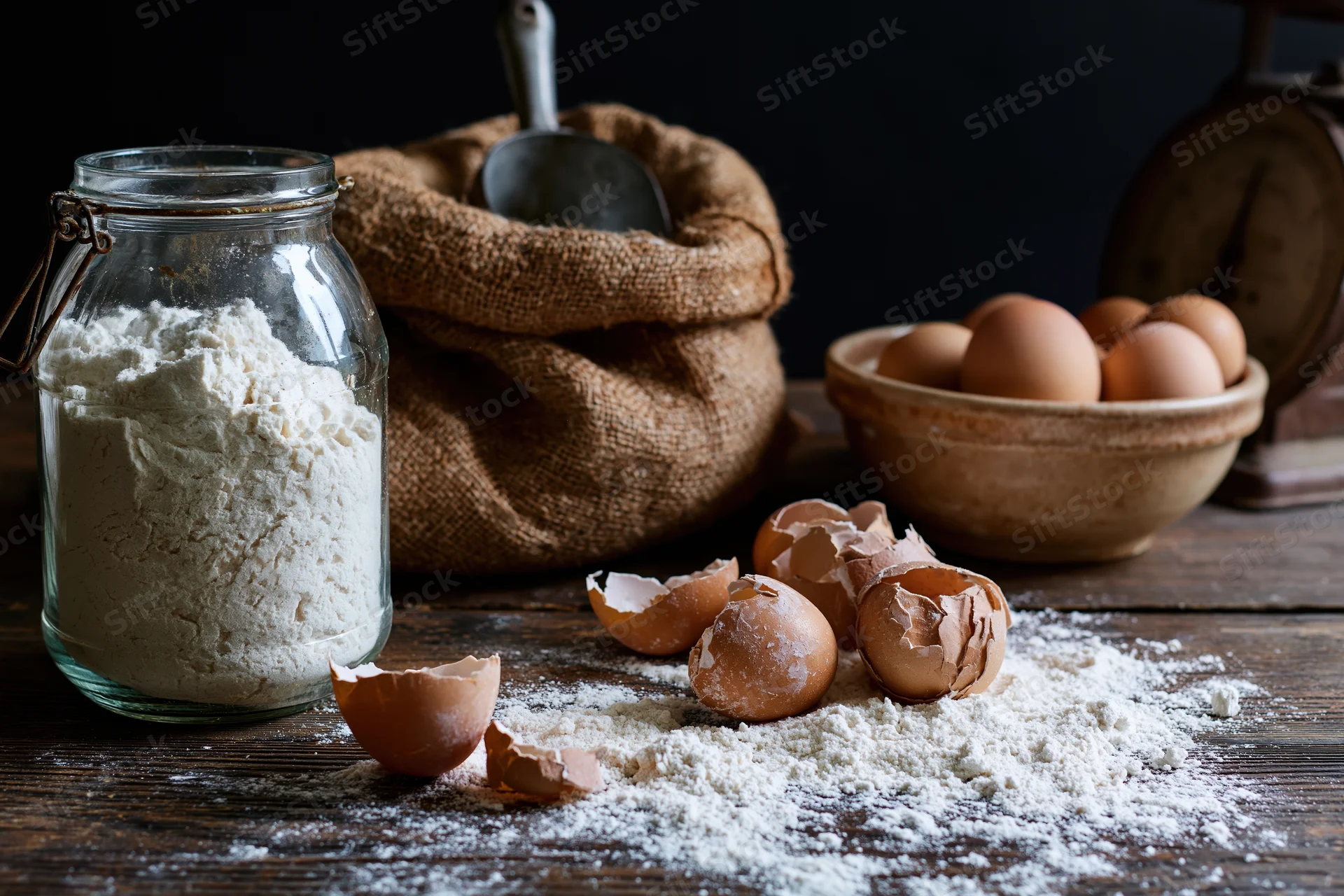 Flour in a glass jar and cracked eggshells on a wooden table with baking ingredients arranged around