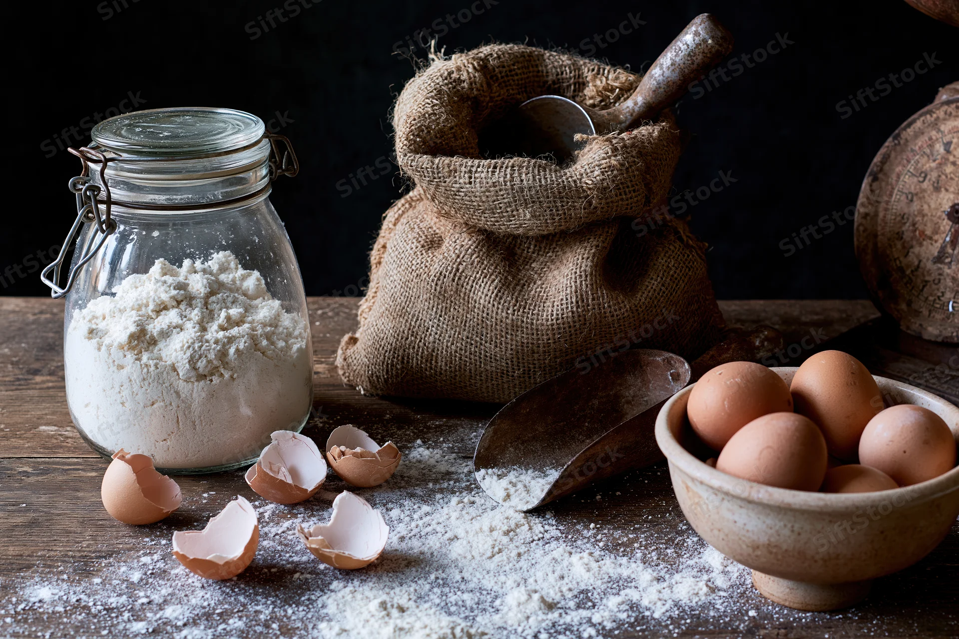 Baking ingredients arranged on a wooden table with flour, eggs, and a burlap sack