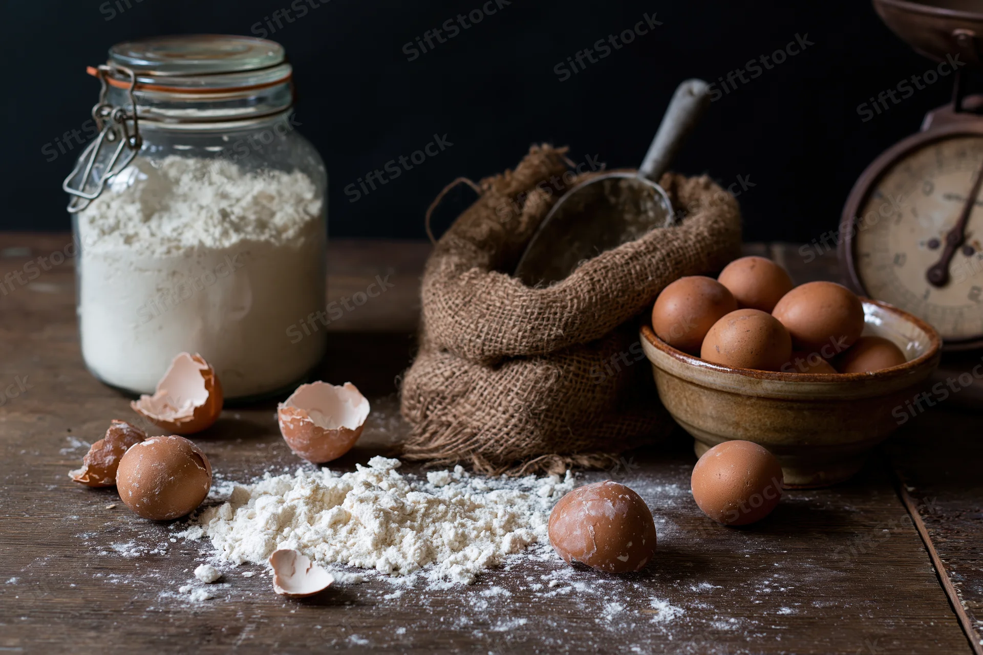 Eggs and flour arranged on a wooden table with baking tools and vintage scale