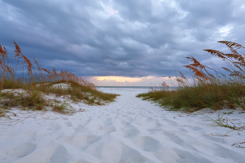 Sandy path through dunes with beach grass leading to ocean under cloudy sky at twilight