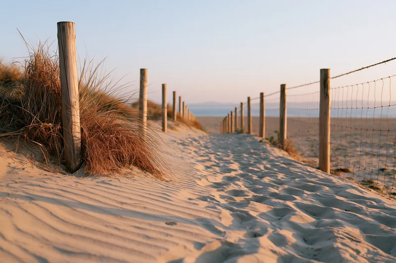 Sandy path lined with wooden posts and net fencing leading to the ocean at sunset