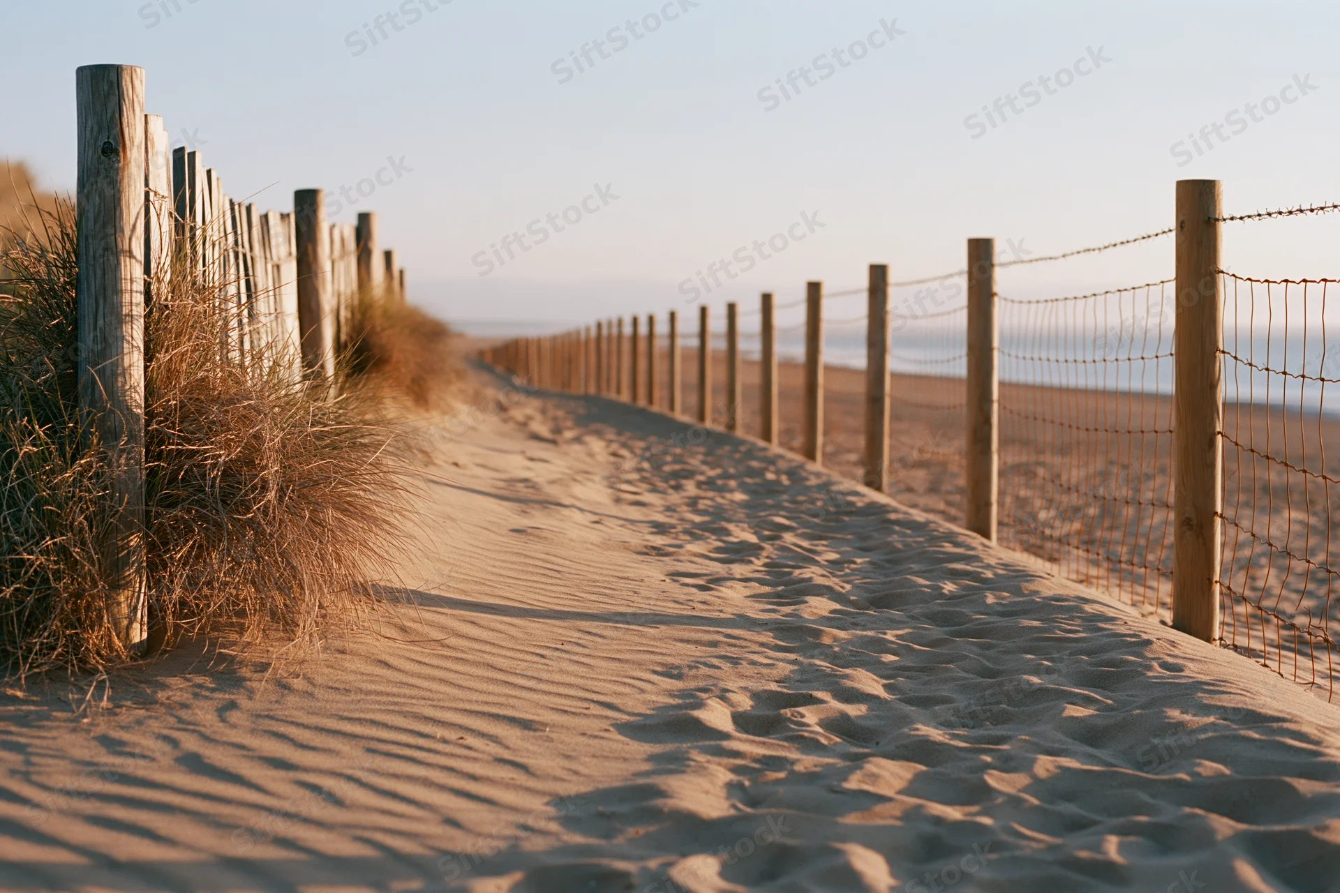 Sandy path lined with wooden fence and netting leading to ocean at sunset