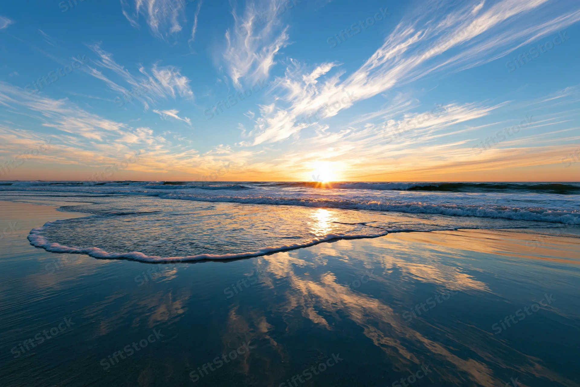 Sunset over ocean with waves rolling onto beach, reflecting sky and clouds in wet sand