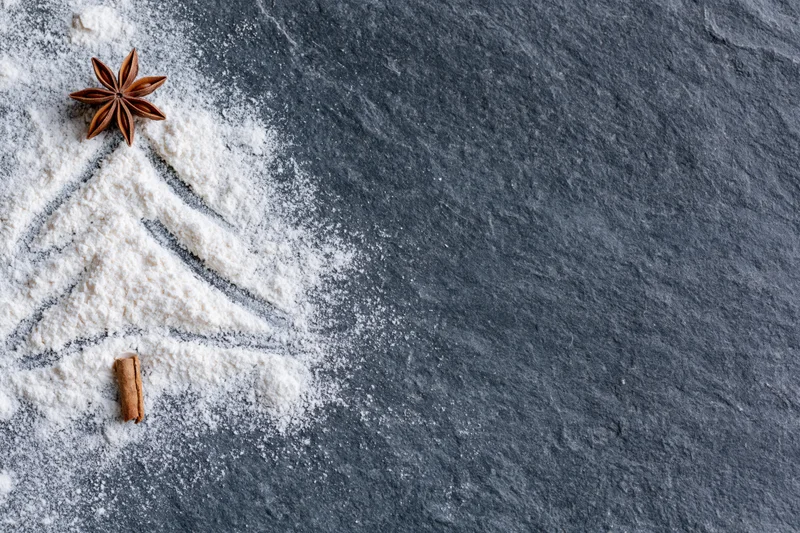Cinnamon stick and star anise on flour dusted slate surface with copyspace