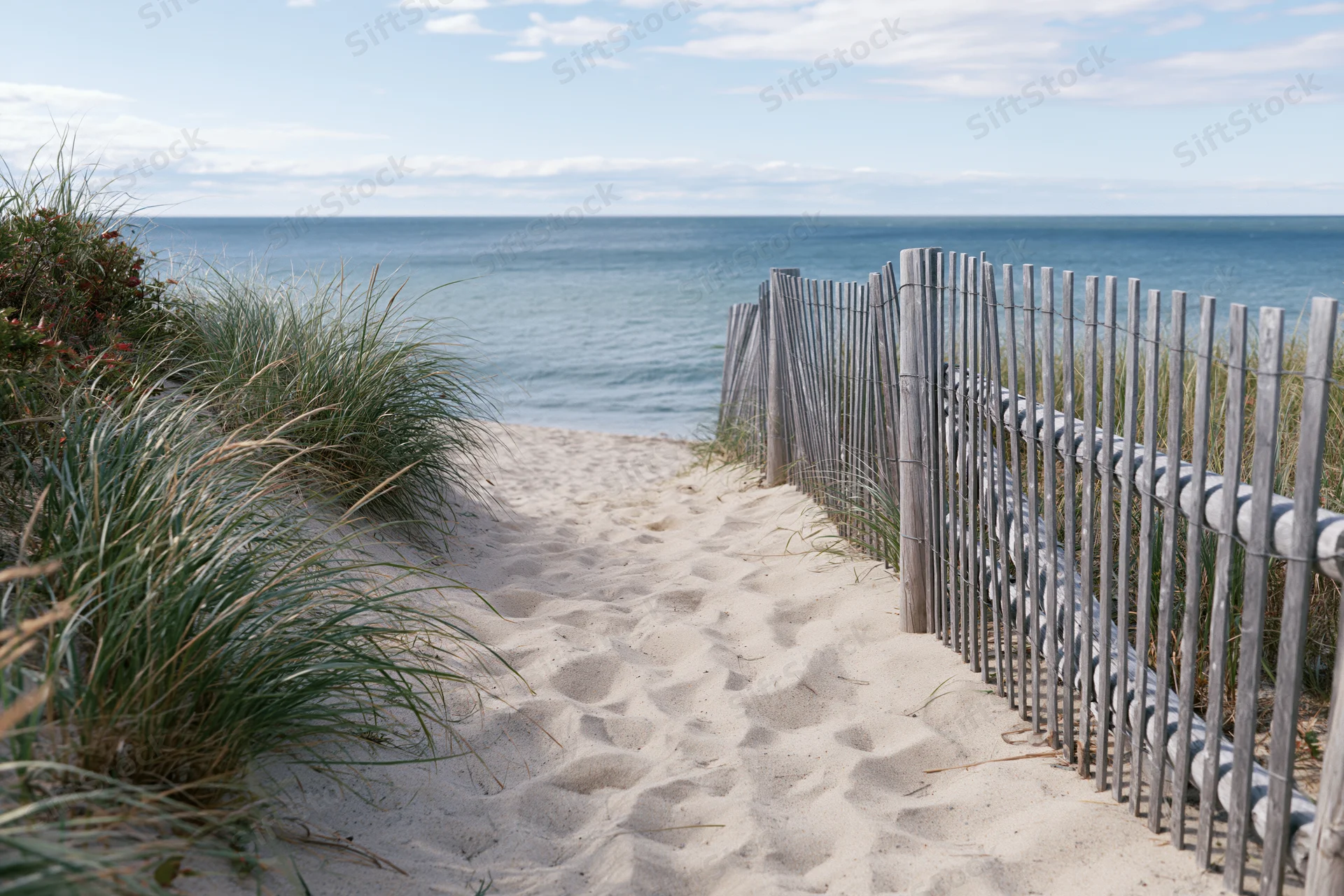 Sandy path leading to ocean bordered by wooden fence and beach grass