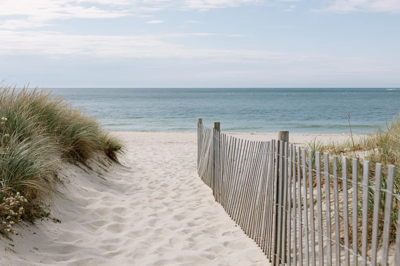 Sandy path leading to ocean through dune grass beside wooden fence