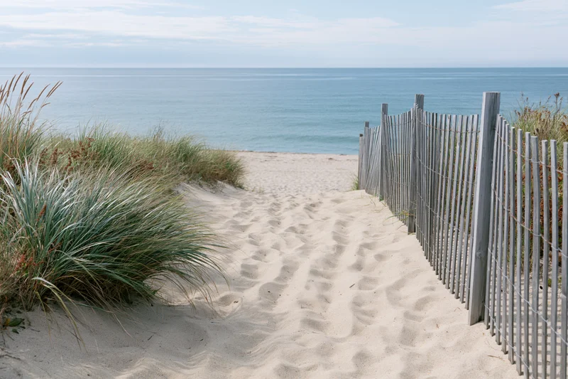 Sandy pathway leading to ocean through dunes with wooden fence and grasses on either side