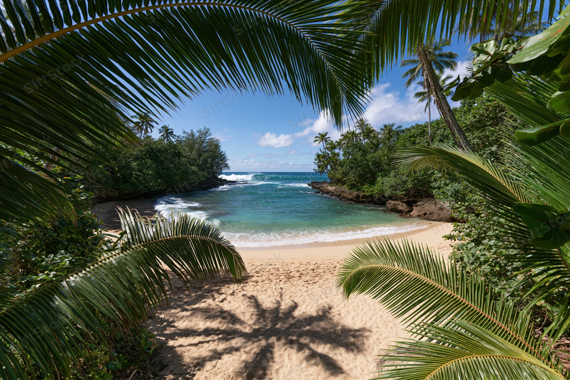 Tropical beach framed by palm fronds leading to turquoise ocean and sandy shore