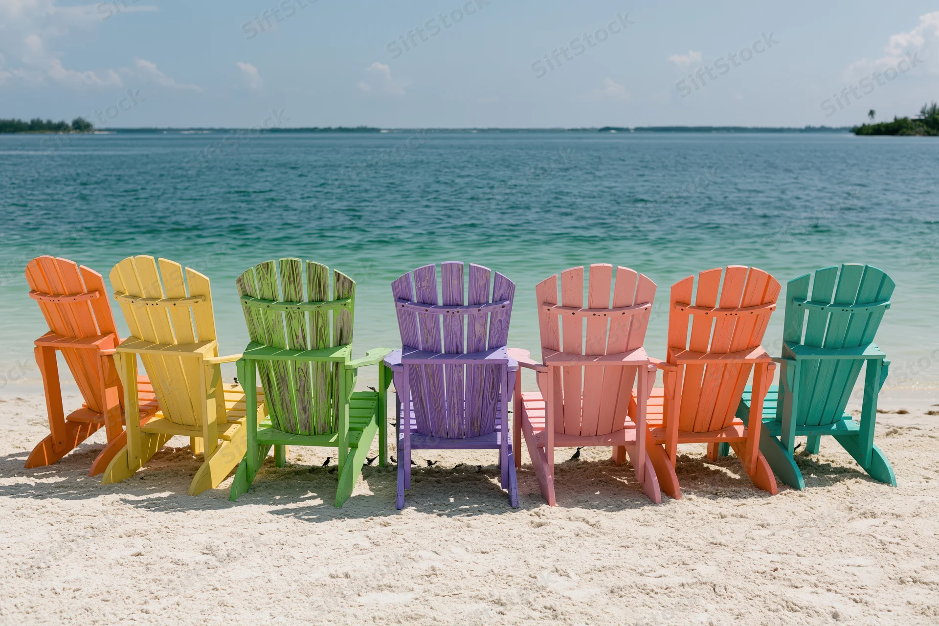 Row of colorful adirondack chairs on sandy beach facing ocean
