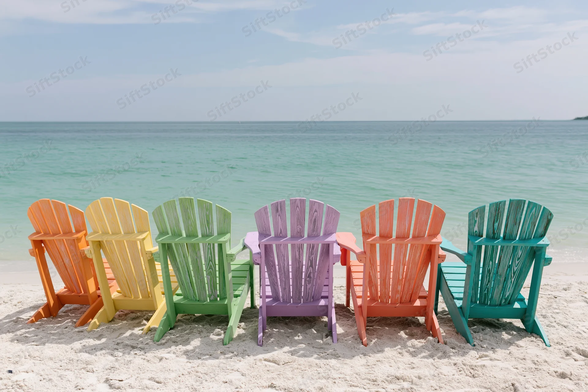 Six colorful adirondack chairs arranged in a row on a sandy beach facing the ocean
