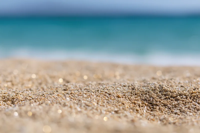 Close-up of wet sand on a beach with ocean in the background