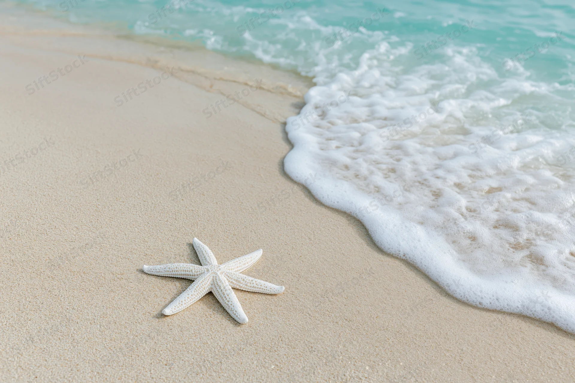 White starfish resting on sandy beach near gentle ocean wave with foam