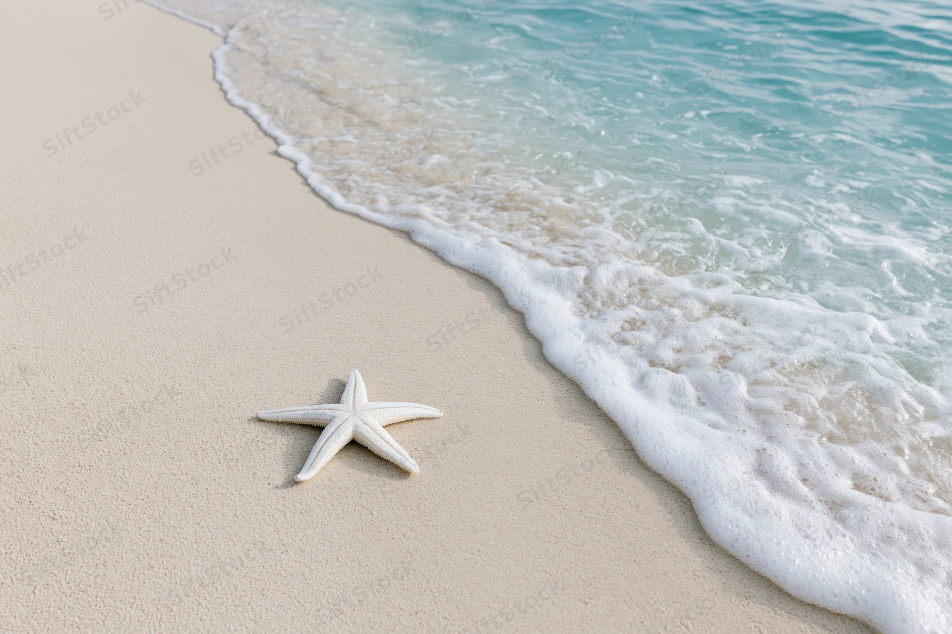 White starfish resting on sandy beach near gentle ocean waves