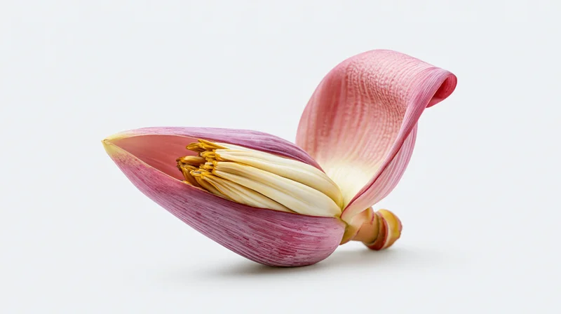 Banana flower blossom with pink petals and visible stamen on white background