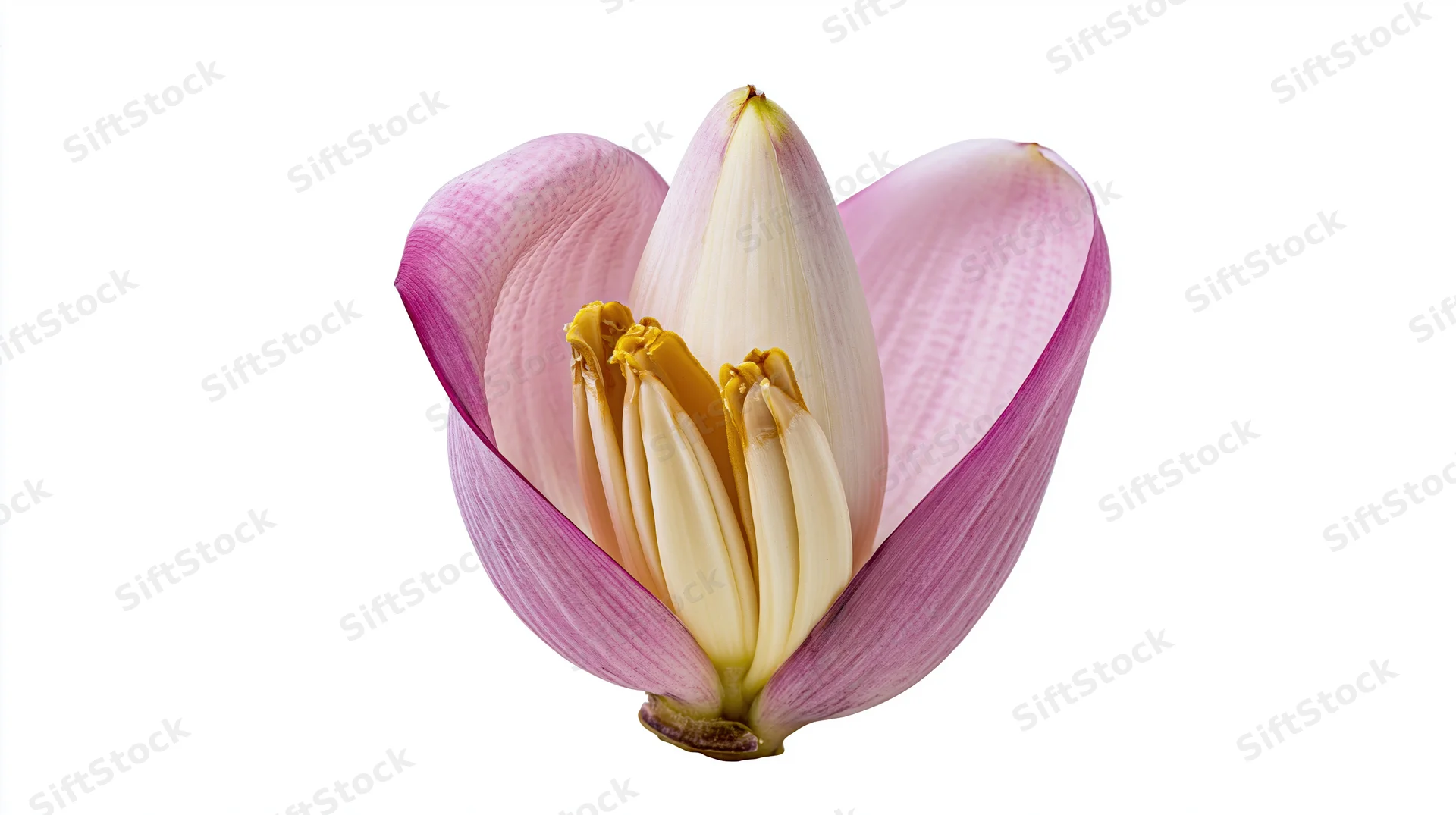 A pink lotus flower in bloom with visible stamens and petals isolated on white