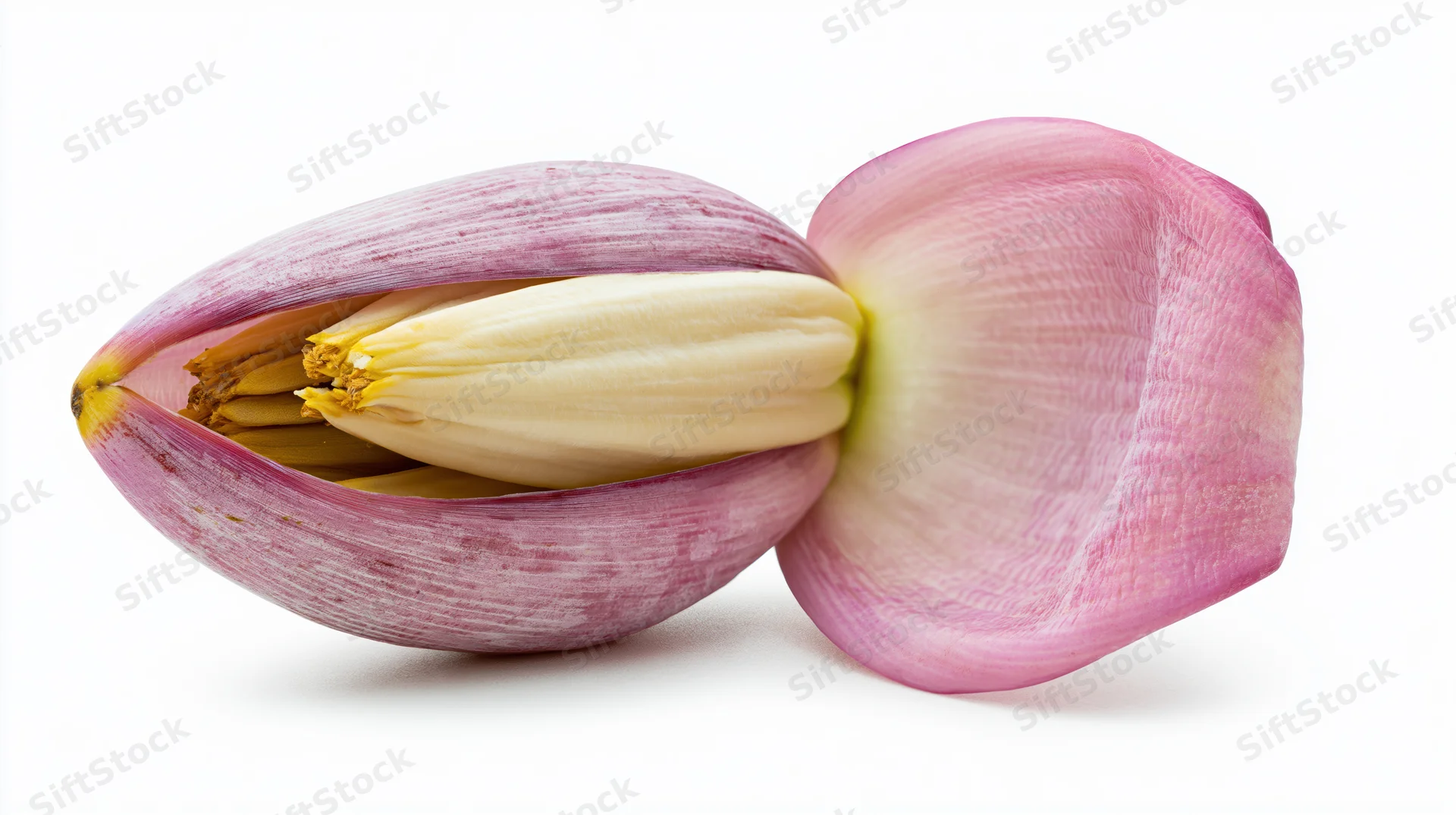 A pink lotus bud with one petal detached, showing the inner stamen and yellow center, isolated on white