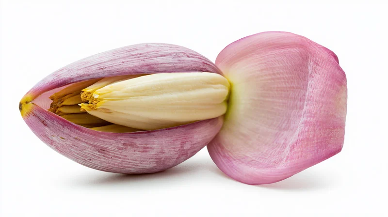 A pink lotus bud with one petal detached, showing the inner stamen and yellow center, isolated on white