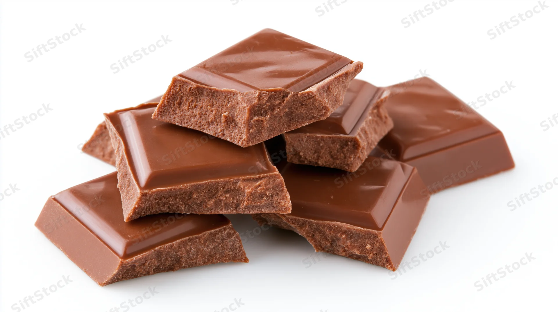 Broken chocolate pieces stacked on white background