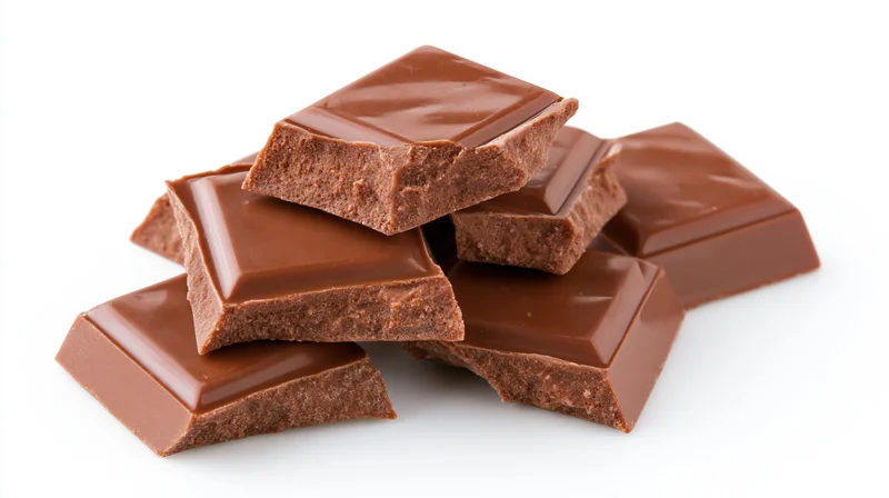 Broken chocolate pieces stacked on white background