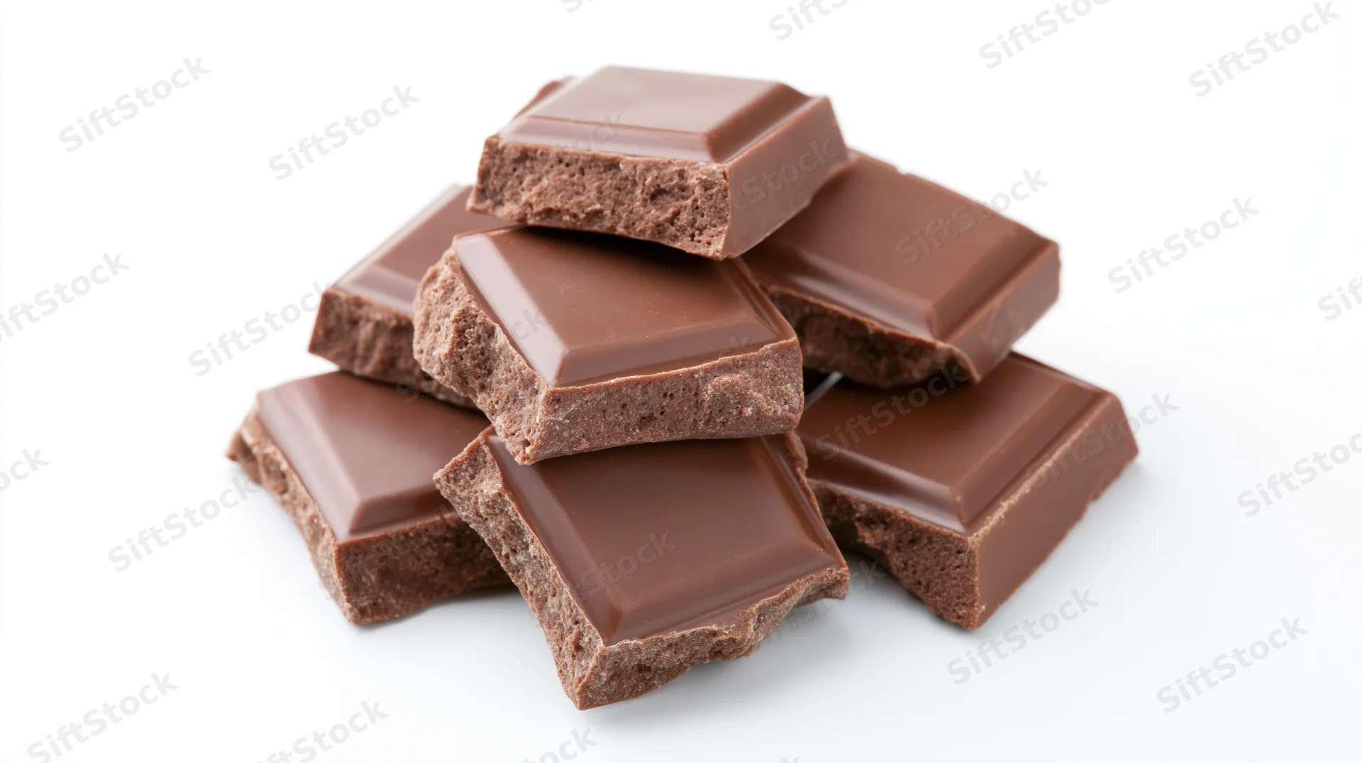Broken chocolate pieces stacked on white background
