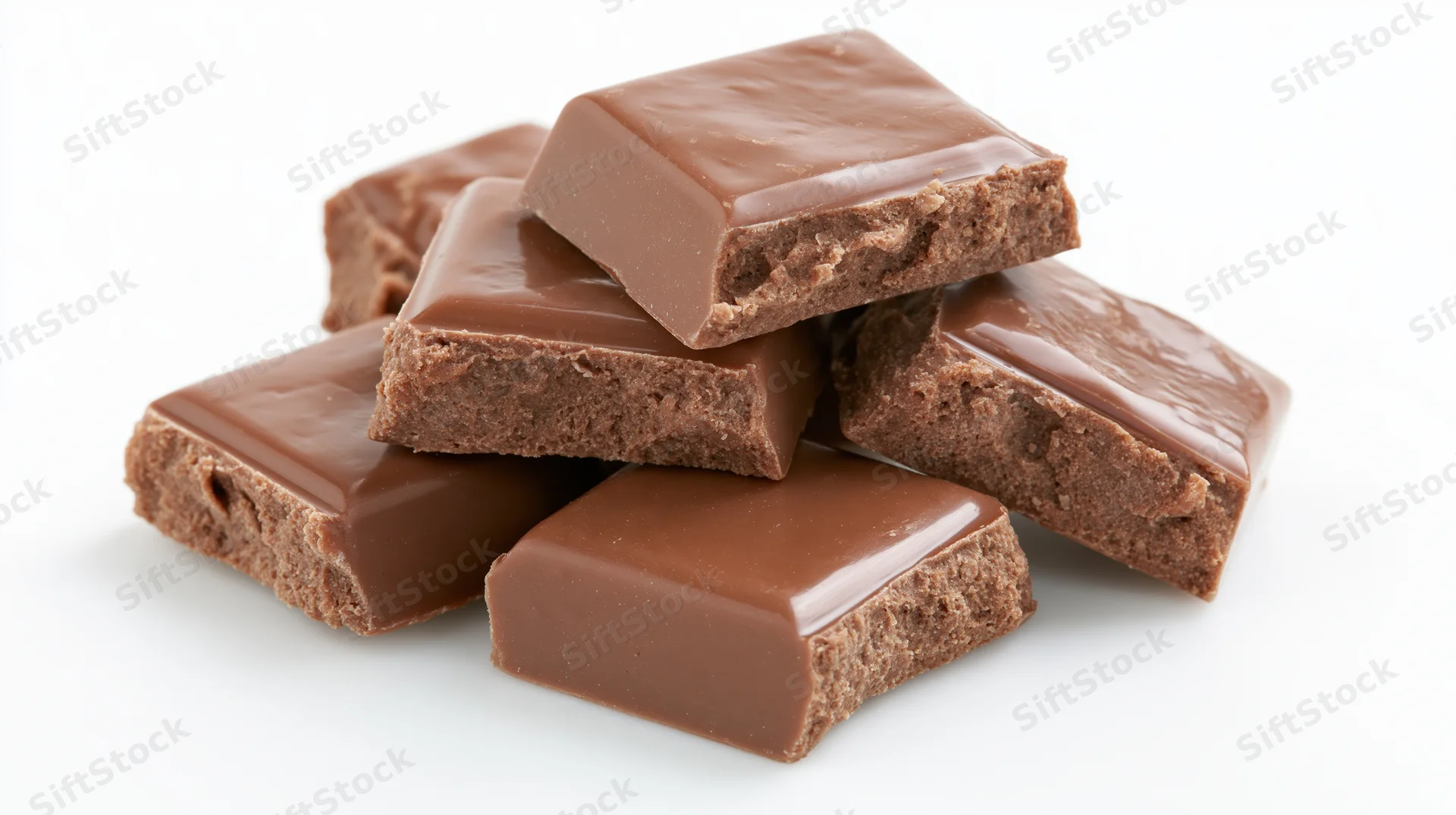Stack of chocolate candy bars with glossy coating on white background