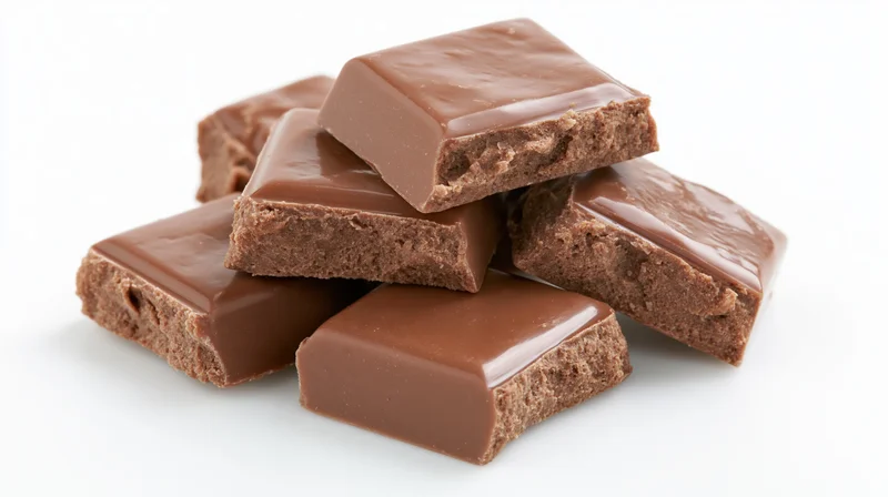 Stack of chocolate candy bars with glossy coating on white background