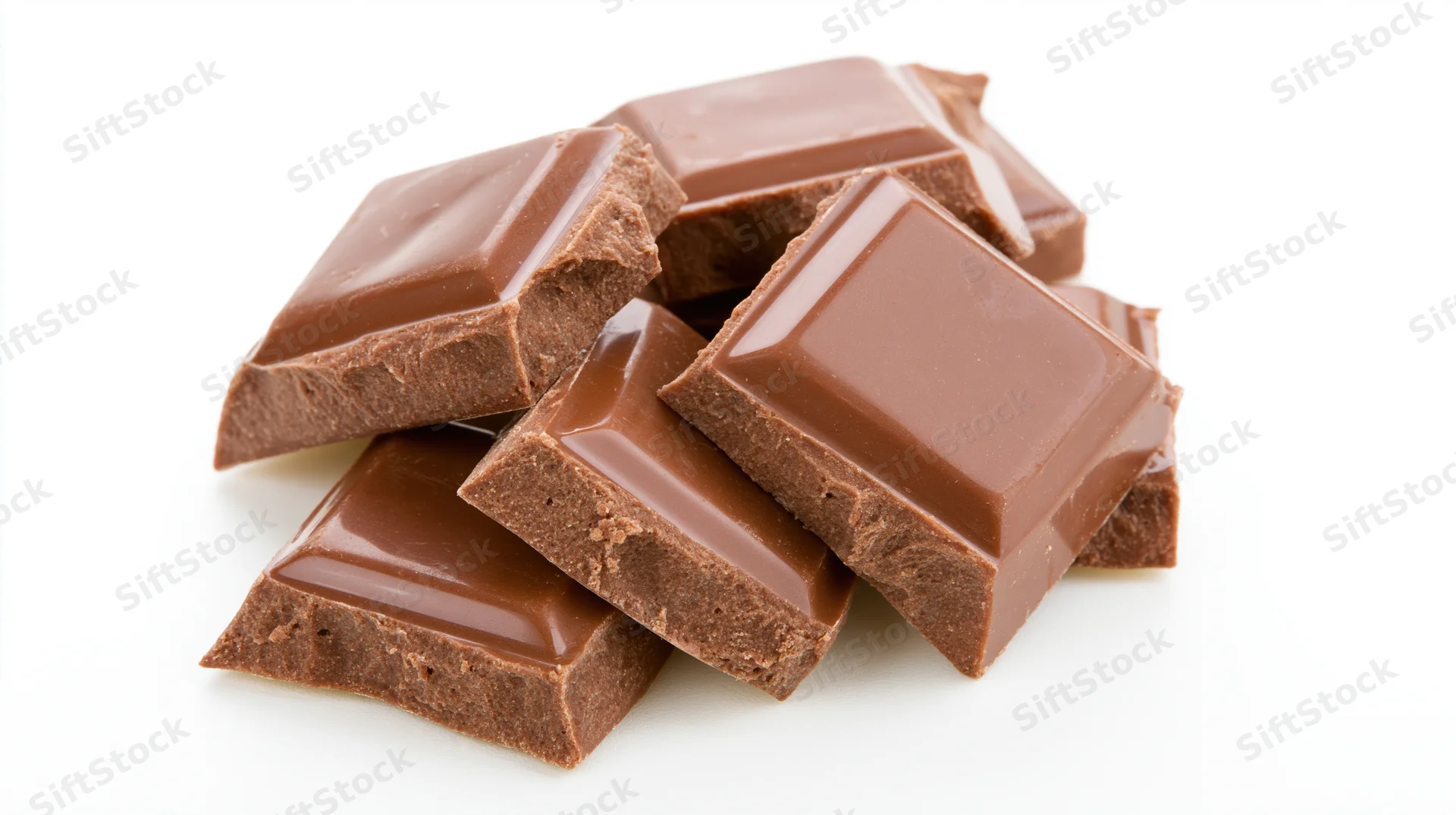 Broken chocolate pieces piled together on white background