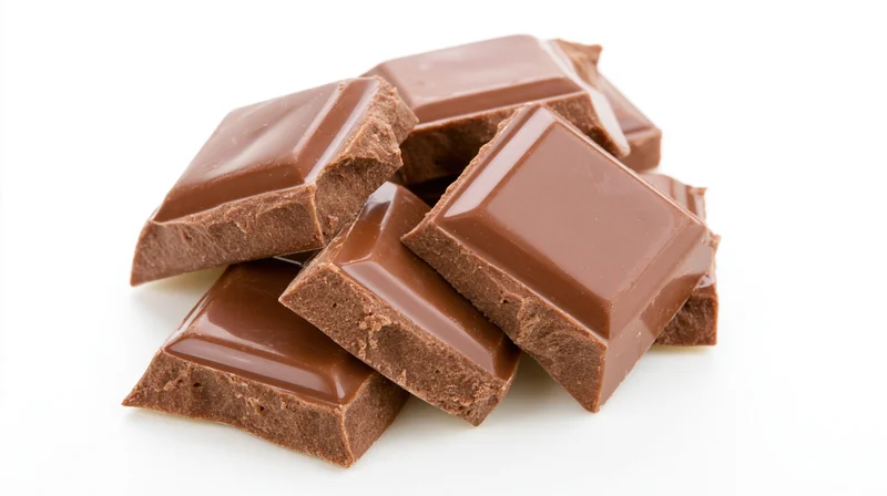 Broken chocolate pieces piled together on white background