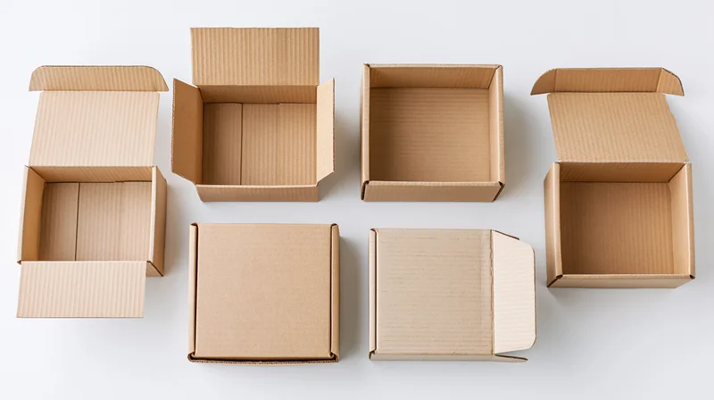 Multiple cardboard boxes arranged on white surface, some open and some closed, for packaging and shipping purposes