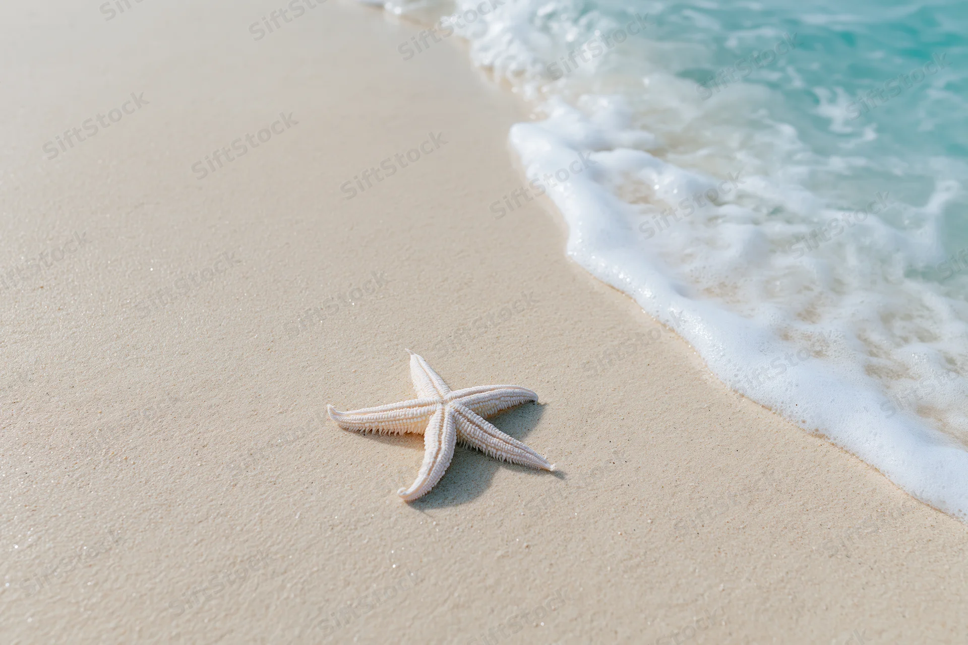 Starfish resting on sandy beach near gentle ocean waves