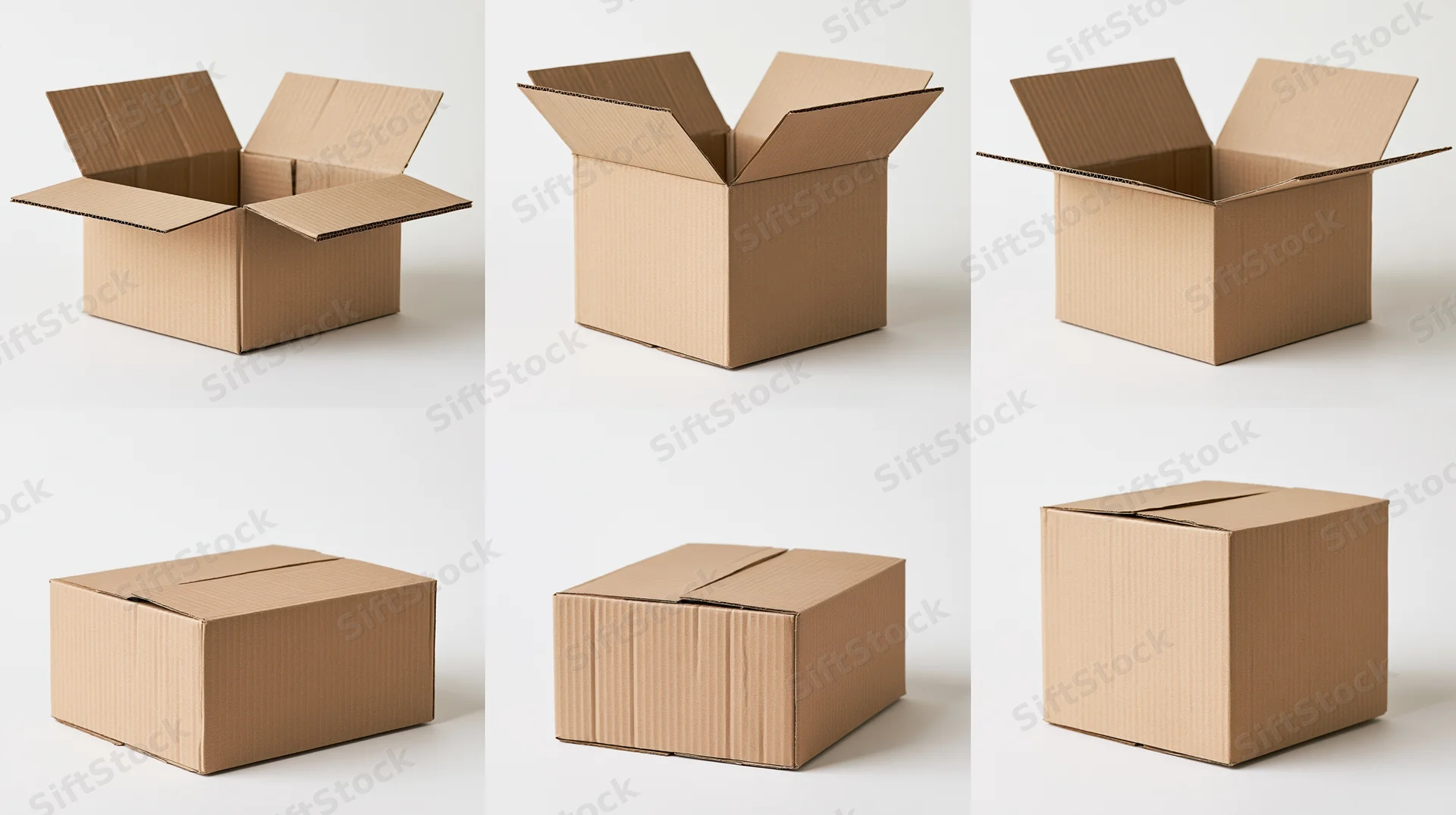 Six views of a cardboard box in open and closed states on a white background