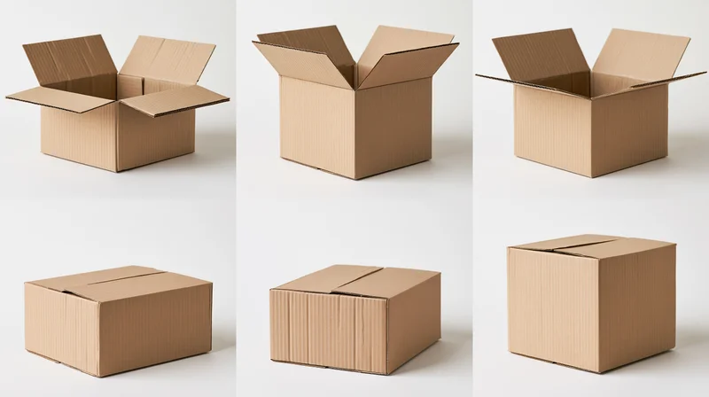 Six views of a cardboard box in open and closed states on a white background