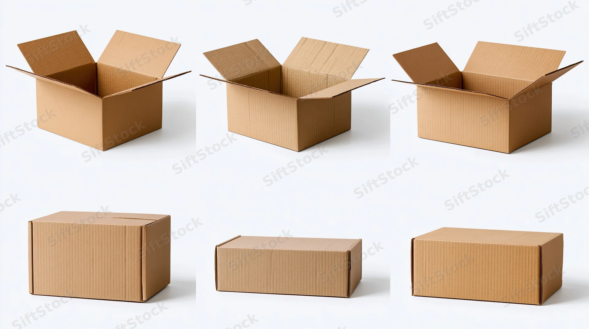 Six cardboard boxes in open and closed configurations on a white background