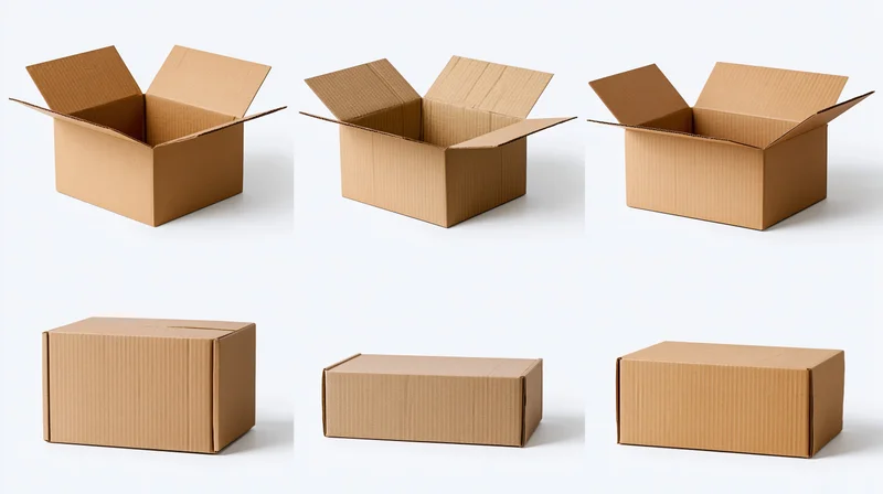 Six cardboard boxes in open and closed configurations on a white background