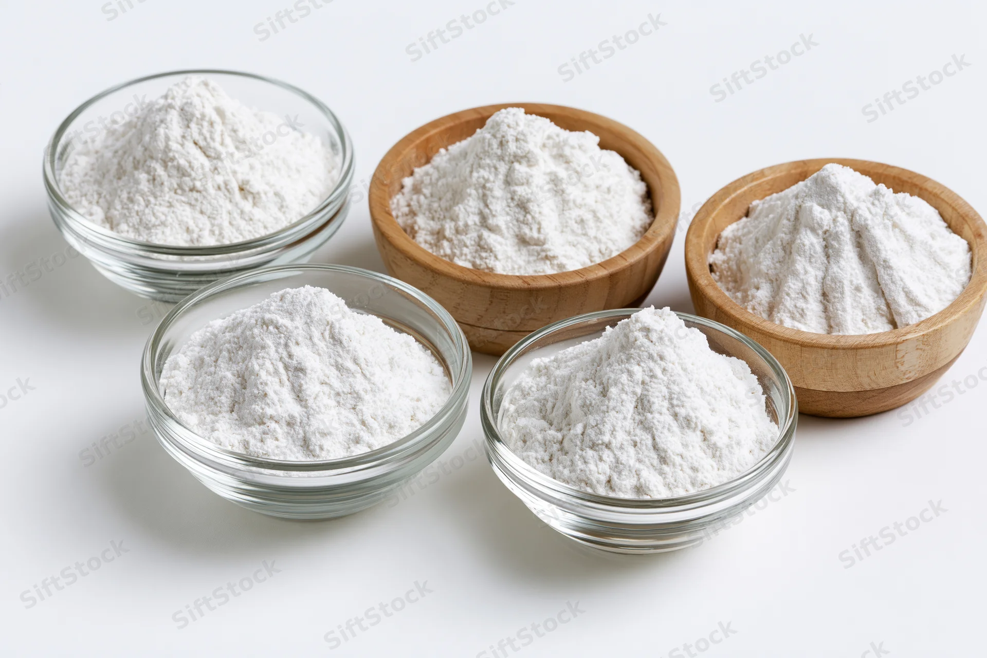 Five bowls of white flour arranged on a plain white surface, some glass some wood, for baking or cooking use