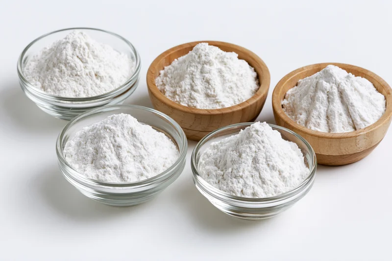 Five bowls of white flour arranged on a plain white surface, some glass some wood, for baking or cooking use