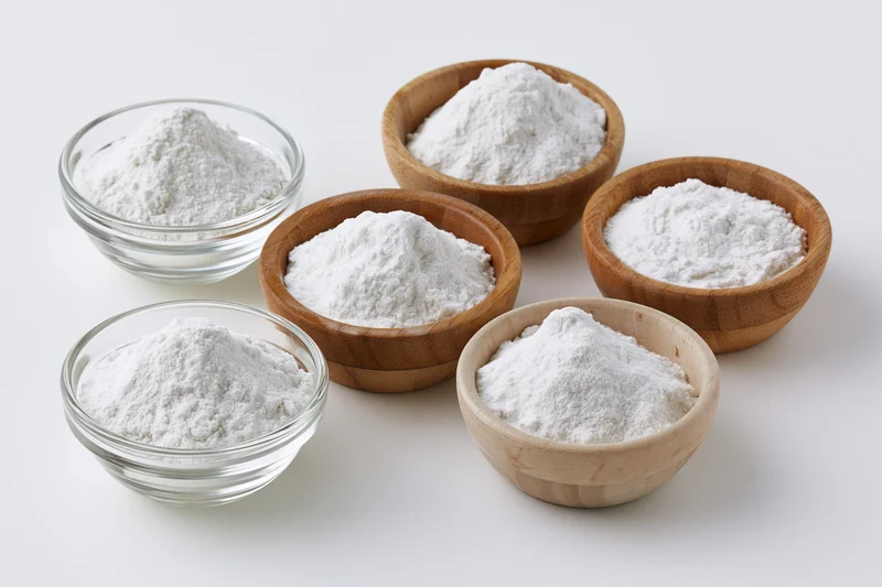 Several bowls of white flour arranged on a plain surface, some wooden and some glass, for baking or cooking use
