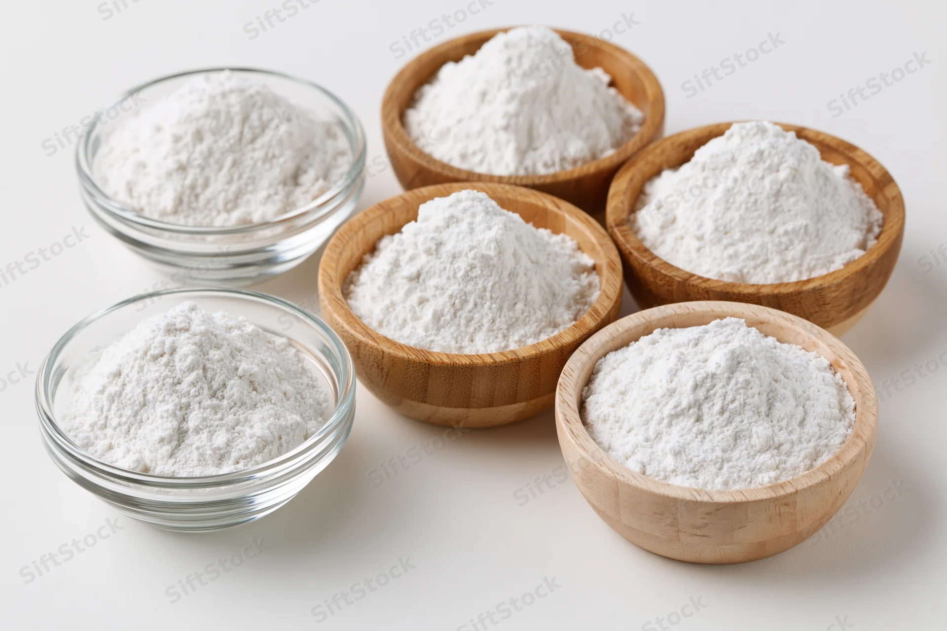 Several bowls of white flour arranged on a plain surface, some wooden and some glass, for baking or cooking use