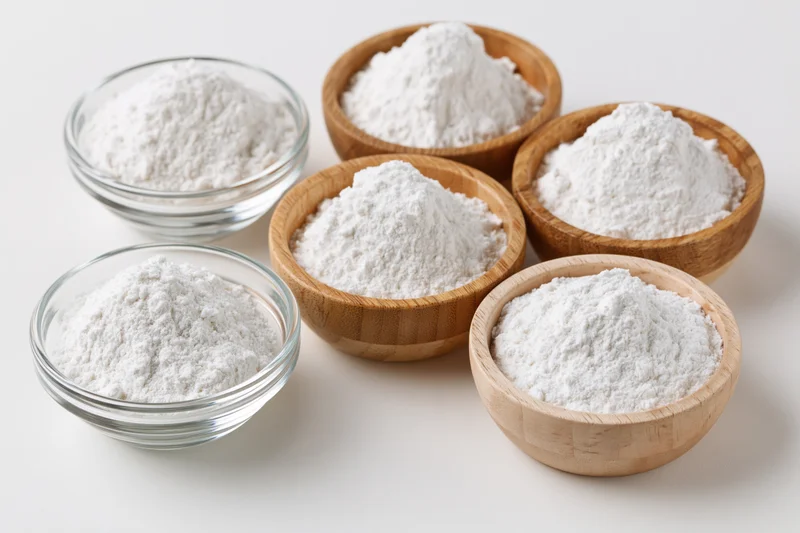 Several bowls of white flour arranged on a plain surface, some wooden and some glass, for baking or cooking use