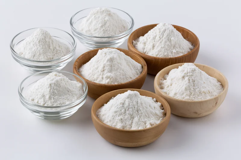 Several bowls of white flour arranged on a plain white surface