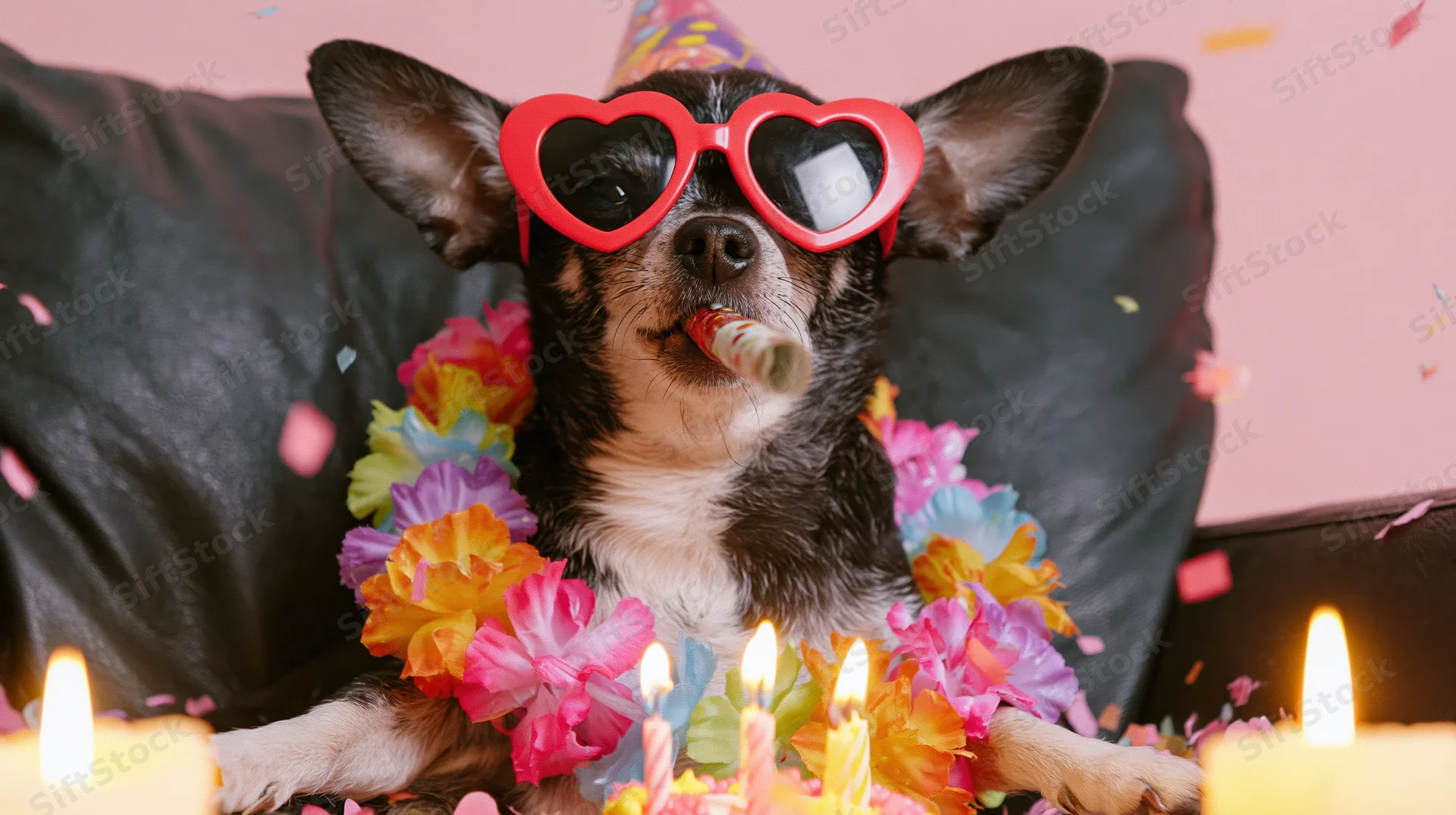Chihuahua wearing heart-shaped sunglasses and party hat with lei and candles during birthday celebration on couch