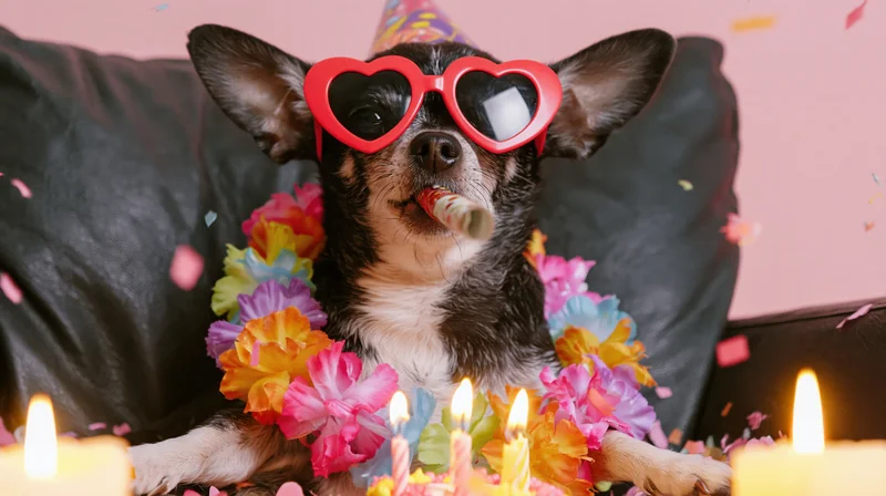 Chihuahua wearing heart-shaped sunglasses and party hat with lei and candles during birthday celebration on couch