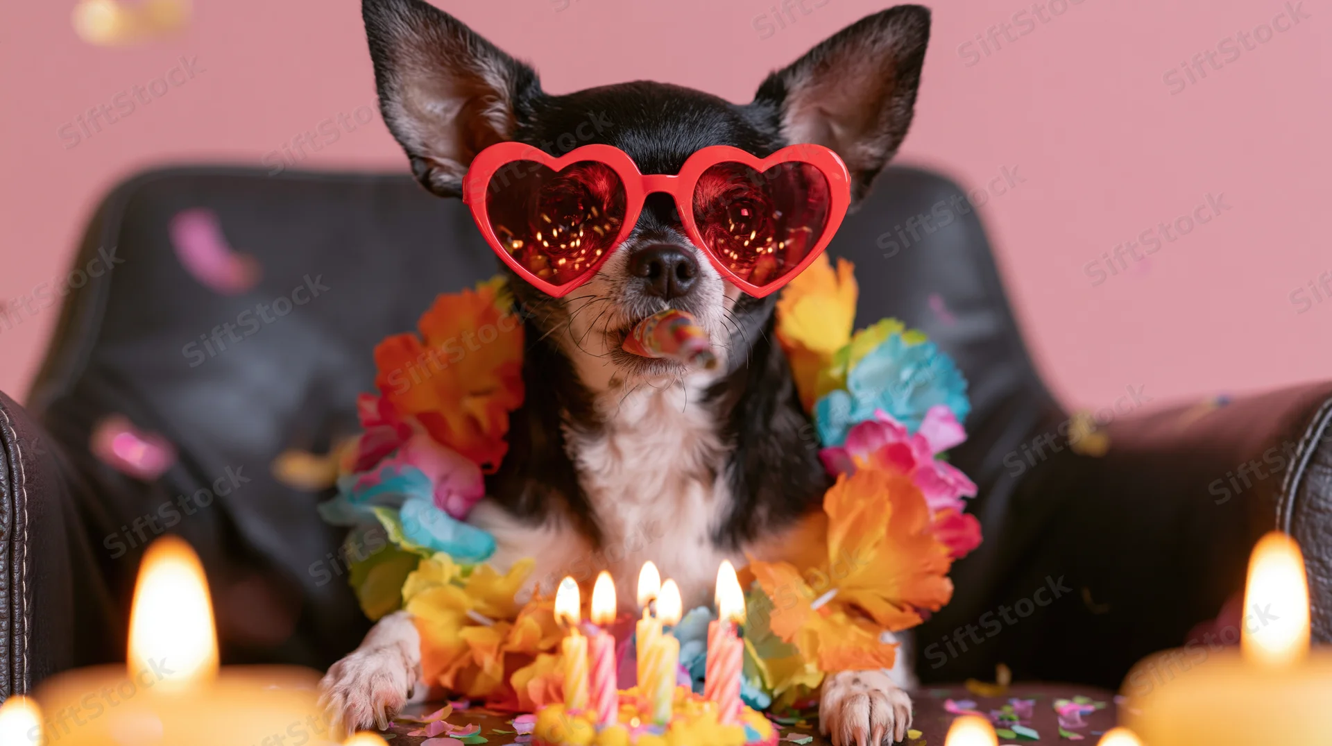 Chihuahua wearing heart-shaped sunglasses and a floral lei sitting in front of a birthday cake with candles and confetti on a pink background