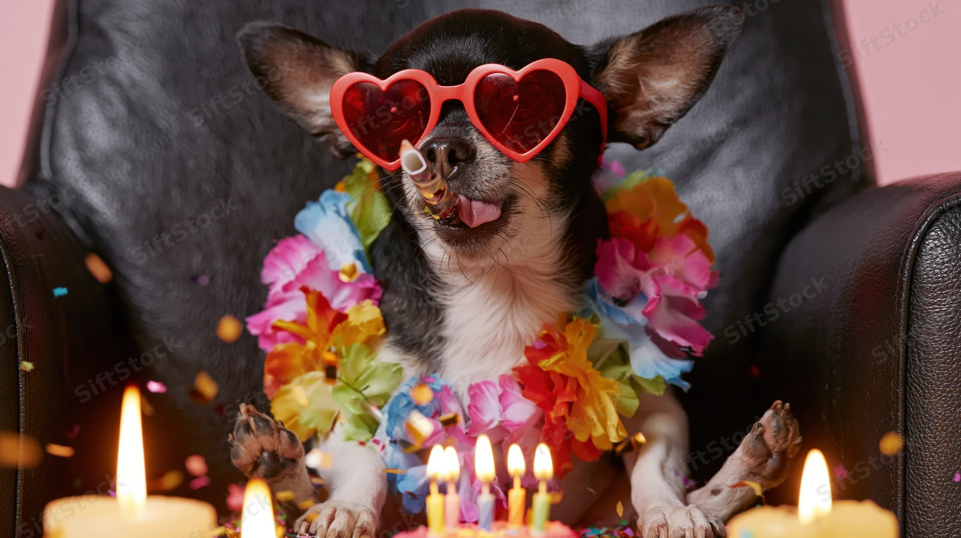 Chihuahua wearing heart-shaped sunglasses and a colorful lei, sitting in a chair with lit candles and confetti around it
