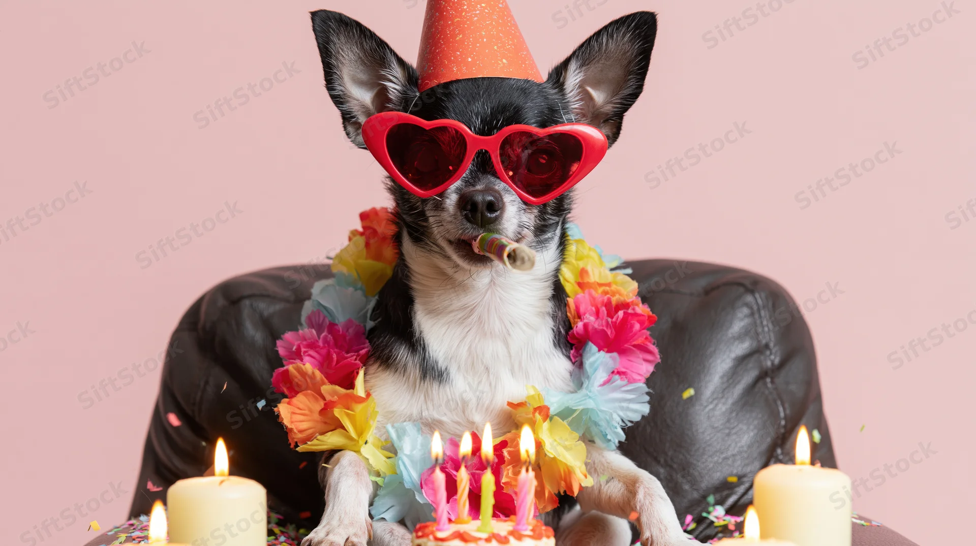 Chihuahua wearing partyhat and heart-shaped sunglasses with lei and candles on cake in front, sitting on leather chair against pink background