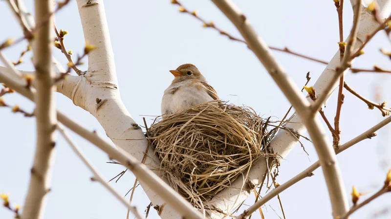 Small bird perched in nest among birch branches in spring