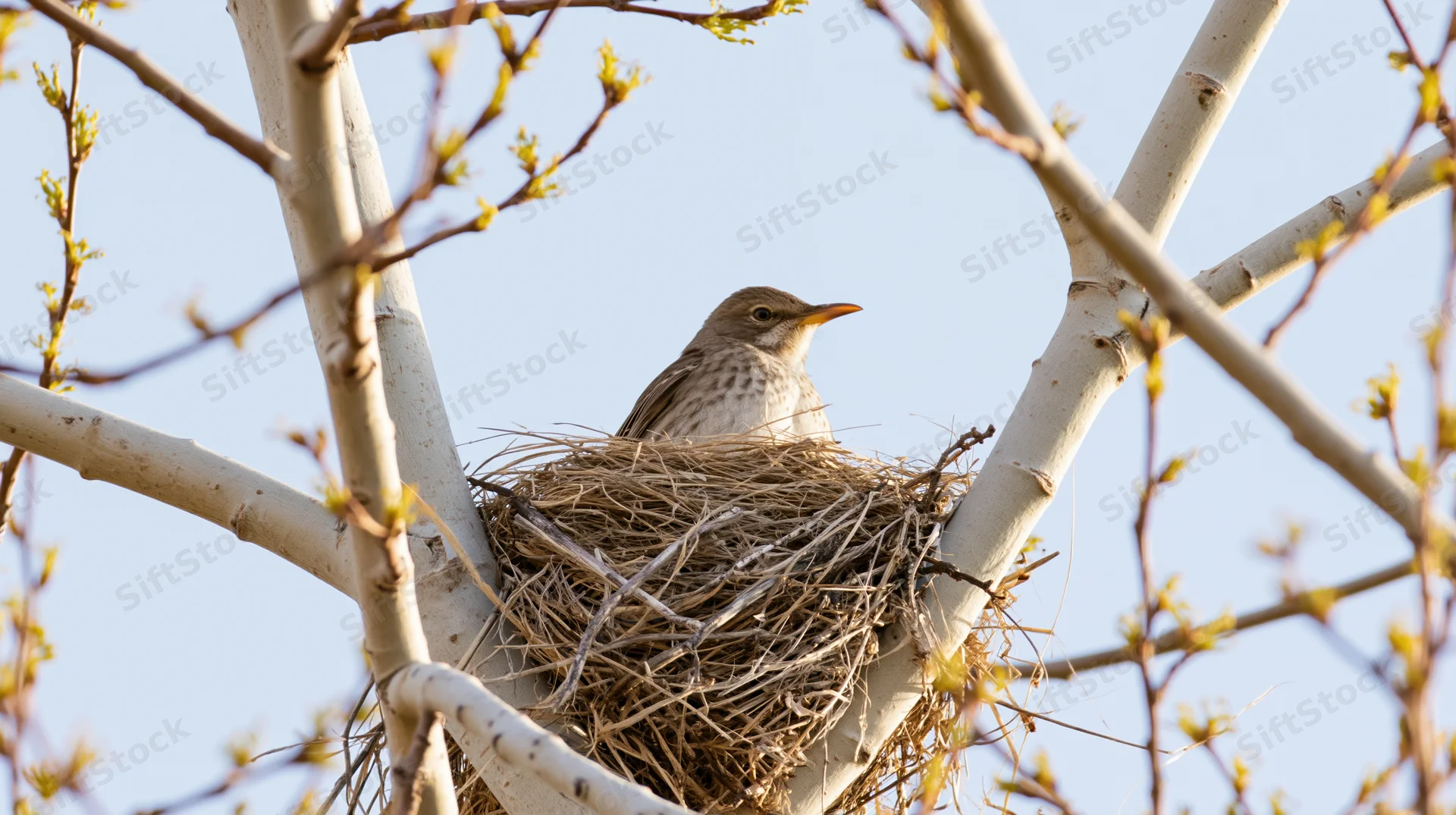Bird perched in nest among branches of a budding tree in spring