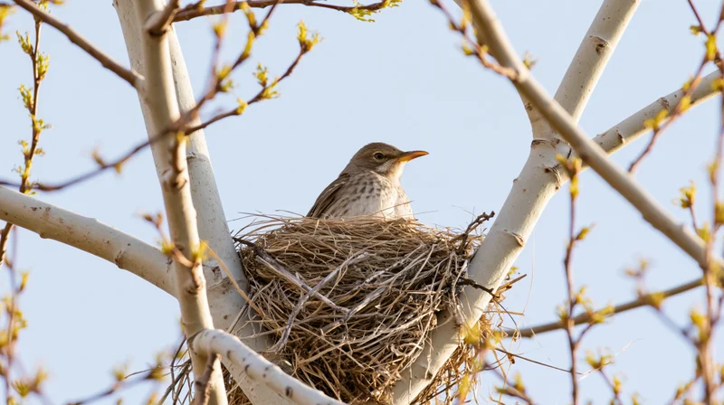Bird perched in nest among branches of a budding tree in spring